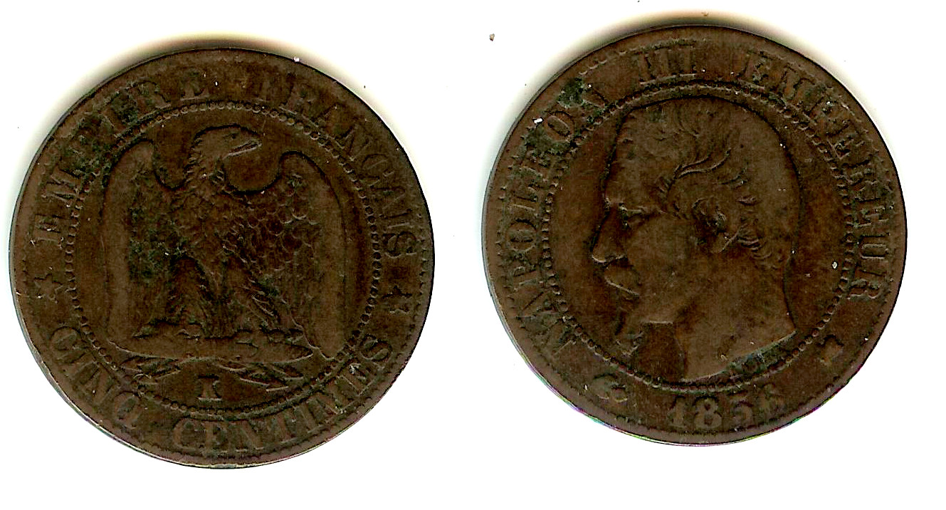 Cinq centimes Napoléon III, tête nue 1856 Bordeaux TB à TB+